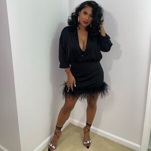 Miss Lola Francesca Black Feather Long Sleeve Mini Dress